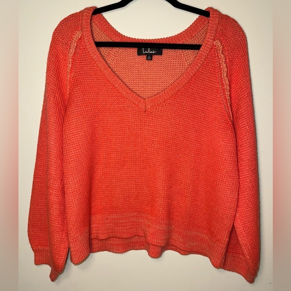 Lulu's Cozy Pink Coral V-Neck Sweater - Picture 2 of 5